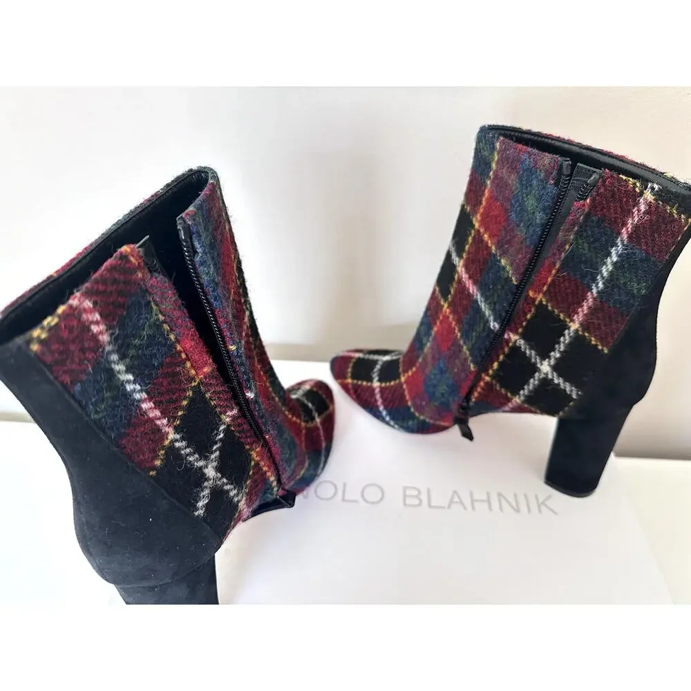 New Manolo Blahnik Boots Wool Plaid Multicolor Zipper Block Heel Size 37 Womens